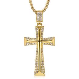 Hip Hop Gold Color 316L Roestvrij staal Kruis Kettingen Religieuze kruishangers voor mannen Women Sieraden