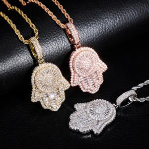 Hip Hop Gouden Ketting Fatima Hand Evil Eye Solid Back Hanger Ketting Iced Out Volledige Lab Diamond Heren Bling Sieraden Gift190o