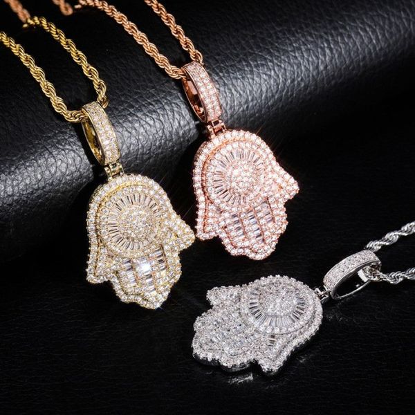 Hip Hop Collier En Or Fatima Main Mauvais Oeil Solide Dos Pendentif Collier Glacé Plein Laboratoire Diamant Hommes Bling Bijoux Gift287l