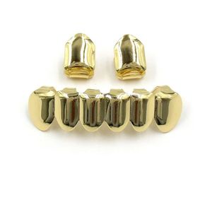 Hip Hop Vergulde Mond Grillz Set 2 stuks Enkele Top 6 Tanden Bodem Grill Set Whole2383