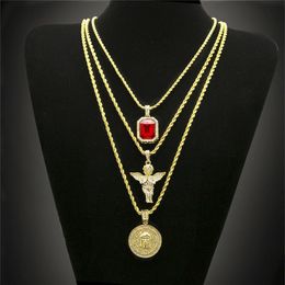 Hip Hop Collar chapado en oro Iced Out Rhinestone Crystal Jewelry Set con Ángel Jesús Colgantes Collares Cadena 363c