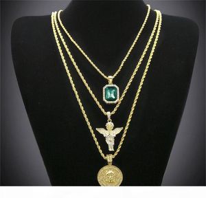 Hip Hop Gold Ploated ketting Iced Out Out Rhinestone Crystal Jewelry ketting Set met Angel Jesus Pendant Necklace Chain 9583547