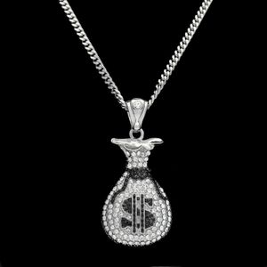 Hip Hop or argent argent sac pendentif pour hommes femmes Bling cristal Dollar charme collier avec chaîne cubaine bijoux