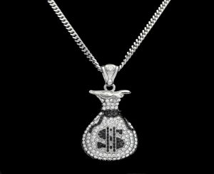 Hip Hop Gold Silver Cash Money Bag Pendant pour hommes Femmes Bling Crystal Dollar Charm Collier avec chaîne cubaine Jewelry1013520