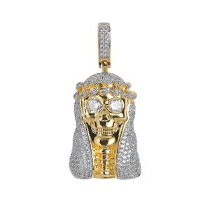 Hip Hop Or Crâne Pendentif Collier Plaqué Or 18 K TopBling Plein Zircon Cool Hommes Rap Bijoux