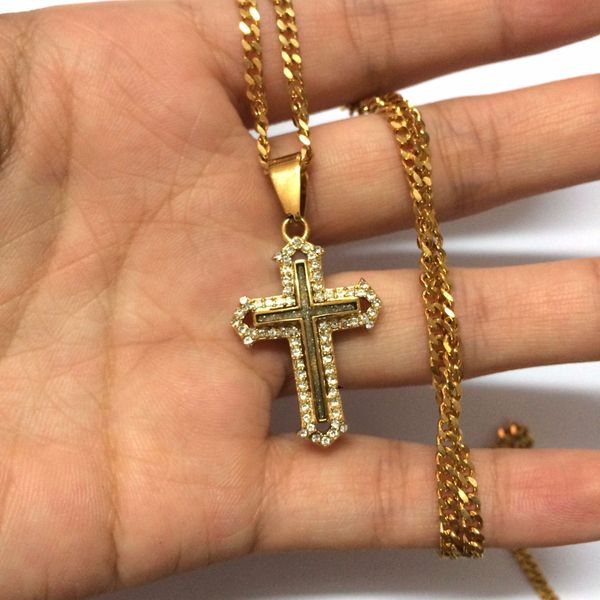 Collier Hip Hop en acier inoxydable doré, Double rangée, pendentif croix en cristal véritable, bijoux pour femmes et hommes