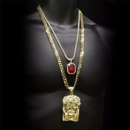 Hip Hop Golden Crowned Jesus Head Pendant Bijoux Pentes Square Gem Crystal Double pendentifs Colliers Set Cuban Chain288Q