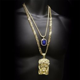 Ensemble de colliers Hip hop avec pendentif tête de jésus couronné d'or, pierres précieuses carrées glacées, chaîne cubaine 287N