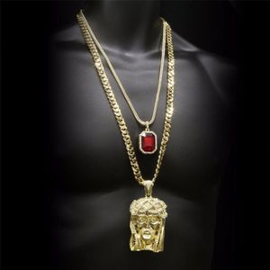 Hip Hop Golden Crowned Jesus Head Pendant Jewelry Sett Square Gem Crystal Double Pendentid Colliers Set Cuban Chain273l