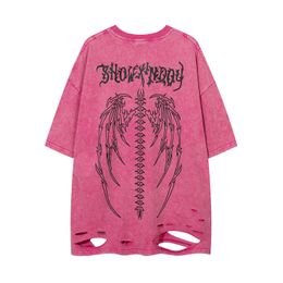 Hip Hop Gothic Letter Skeleton Gedrukt T-shirt Grote Mens Street Kleding Vintage Wash Distressed gescheurde Heren Casual T-shirt 240510