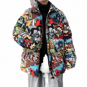 Hip Hop Graffiti Carto Print Parka Jassen Mannen Streetwear Harajuku Heren Winter Dikker Warme Rits Cott Gewatteerde Jas Vrouwen v01m #