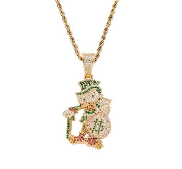 Hip Hop vert CZ pierre Bling Out main Dollars sac dessin animé pendentifs colliers pour hommes rappeur bijoux or argent couleur Pendant3869770