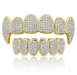 Hip Hop Grillz Luxury Garing Zircon Micro Pave Dental Grills 2019 Fashion Men Femmes 18K Gold plaquée Antaque 2 pièces entièrement 7326799