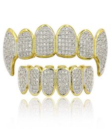 Hip Hop Grillz Luxe Glaring Zircon Micro Pave Grills Dentaires 2019 Mode Hommes Femmes Plaqué Or 18 Carats Orthèse Dents 2 Pièces Ensemble Whole3064281