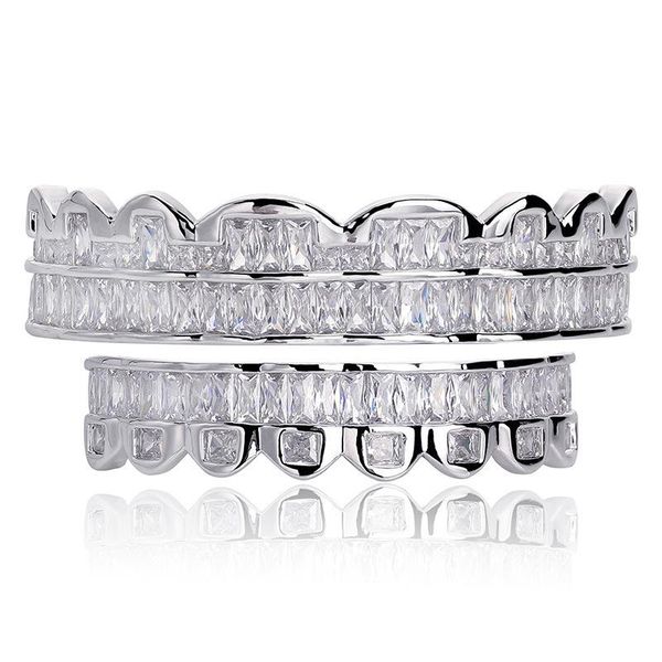 Hip Hop Grillz calidad de grado de lujo Bling Zircon pavimentado dientes tirantes exquisitos hombres mujeres platino plateado parrillas dentales calle