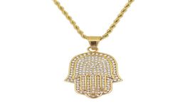 Hip Hop Hamsa Diamonds Hanger Kettingen voor mannen Women Hand van Fatima Amulet Ethnic Luxury Necklace Stainless Steel Cubaanse ketens J1311227