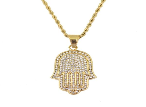 hip hop Hamsa diamants pendentif colliers pour hommes femmes Main de Fatima Amulette Ethnique collier de luxe en acier inoxydable chaînes cubaines j1906007