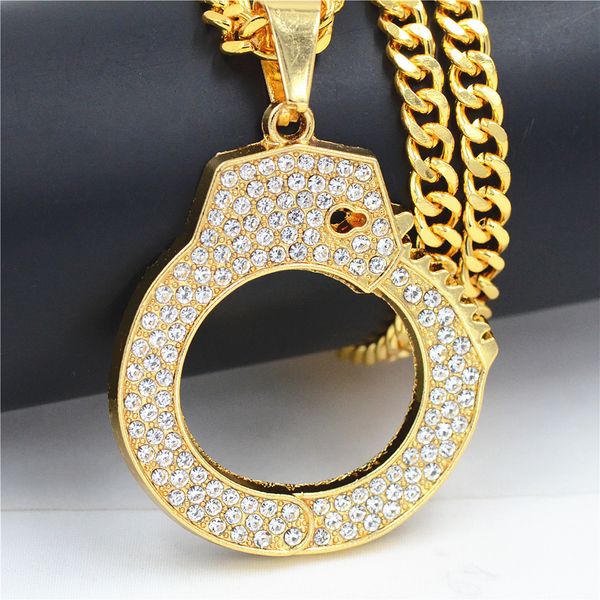 Esposas de hip hop Colgantes de oro Collares Colgantes Bling Bling Iced Out Collares de cristal Cadena de cuerda de acero inoxidable