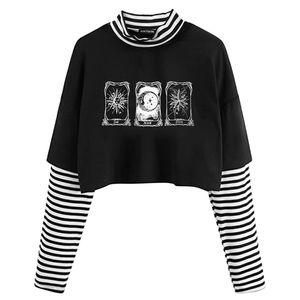 Hip Hop Harajuku T-shirts Faux Deux Pièces Tops Courts Femmes Gothique Graphique Imprimé Mince À Manches Longues D'été Kawaii Tee pour Dames 220408