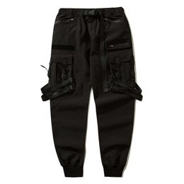 Hip Hop Harem Joggers Men Cargo Zipper Pocket Streetwear Haruku Ribbon Letter Zwarte broek broek Punk Sportswear