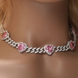 Hip Hop Coeur Forme Cubain Lien Chaîne Collier Femmes Cadeau Rose Zircon Bijoux