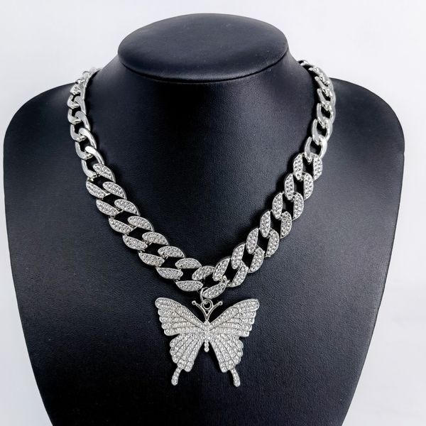 Colgante de mariposa empalmado de hilo plano pesado de hip hop, cadena cubana, collar de diamantes completo, cadena de Metal de 15mm