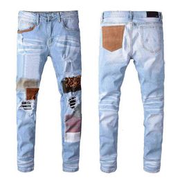 HIP-HOP HIGH STREET MODION Merk Jeans Retro Gescheurde Vouw Stitching Heren Designer Motorfiets Rijden Slanke Broek Maat 28 ~ 38