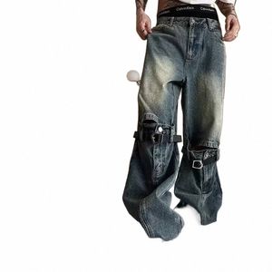 Pantalones vaqueros con agujeros de hip-hop para hombres y mujeres, pantalones de mezclilla rectos con gradiente vintage, pantalones con adornos de cinturón desgastados, pantalones acampanados holgados de calle o3di #