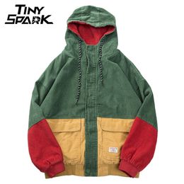 Hiphop hoodie losse jas mannen winter corduroy jas harajuku rode patchwork herfst hooded bomberjack jas reggae jamaica 201123