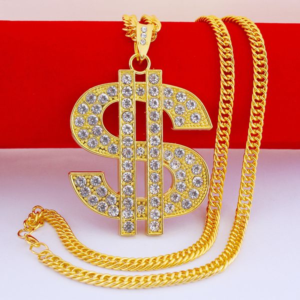 Collier avec pendentif symbole du dollar américain, style Hip hop, en alliage personnalisé pour hommes, tendance, avec chaîne en or incrustée de diamants, offre spéciale