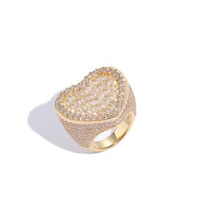 Hip Hop Glace Diamant Pierres Bague Coeur Anneaux Or Argent Plaqué Hommes Bling Bijoux Cadeau