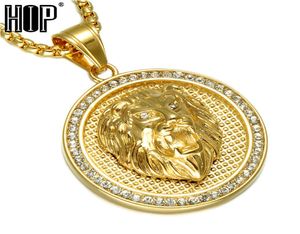Hip Hop Ice Out Gold Color Titanium en acier inoxydable Pave Rigiane Lion Head Pendants Colliers pour hommes bijoux Y2009189603020
