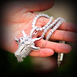 Hiphop Iced GOAT Head-hanger in wit goud met roestvrijstalen touwketting voor heren Dames3244