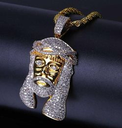 Hip Hop Iced Out All Stone Gold Gold plaqué Jésus Masque Pendant Collier avec chaînes de corde Bling Bijoux Gift pour MOM1215516