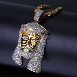 Hip Hop glacé tout CZ pierre plaqué or masque de jésus pendentif collier avec chaînes de corde Bling bijoux cadeau pour Mom284l