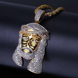 Hip Hop glacé tout CZ pierre plaqué or masque de jésus pendentif collier avec chaînes de corde Bling bijoux cadeau pour Mom331A