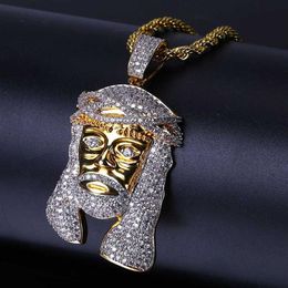 Hip Hop glacé tout CZ pierre plaqué or masque de jésus pendentif collier avec chaînes de corde Bling bijoux cadeau pour Mom259W