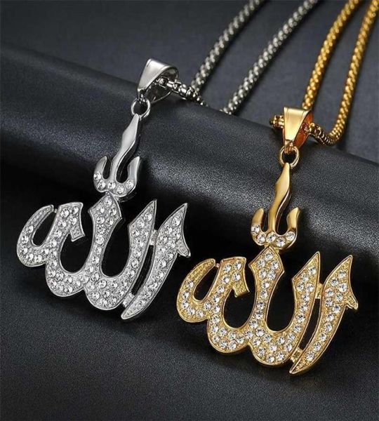 Hip Hop glacé Allah pendentif chaînes couleur or en acier inoxydable islamique musulman colliers pour femmes hommes bijoux Drop252p4911308