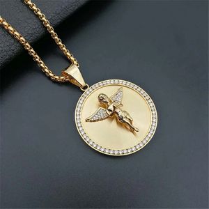 Hip Hop Iced Out Angel Wings Pendant Collier For Women Men 14k Gold Round Collier Bling Bijoux