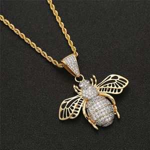 Hip Hop glacé Animal petite abeille pendentif collier Micro pavé cubique Zircon hommes chaîne en or cadeau