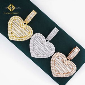 Hip Hop Iced Out Baguette Moissanite Diamond New Design Sterling Sier graveerbare holle hart hanger