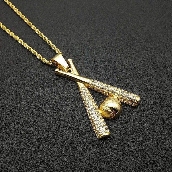 Hip Hop Iced Out Colgantes de béisbol Collares Cubic Zircon Bling Color Oro Cadena de acero inoxidable para Hombres Rapper Joyería