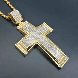 Collar con colgante de cruz grande helado de Hip Hop para hombre, collar de diamantes de imitación de oro amarillo de 14k, joyería cristiana de Hiphop