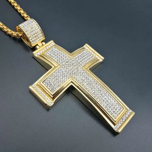 Hiphop ijskoud grote kruis hangketting voor mannen 14K gele gouden strass ketting hiphop christelijke sieraden