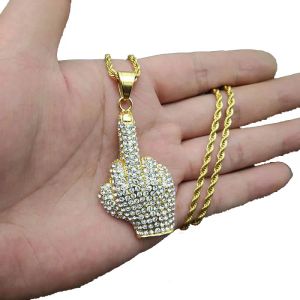 Hip Hop Iced Out Grote Handen Hangers 14K Gouden Ketting Volledige Strass Kristal Zirkoon Rapper Middelvinger Up Hand Vorm Sieraden voor Mannen