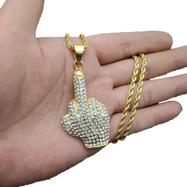 Hip Hop Iced Out Big Hands Colgantes Collar de oro de 14 quilates Cristal de rinstone completo Zircon Rapero Dedo medio hacia arriba Joyería en forma de mano para hombres