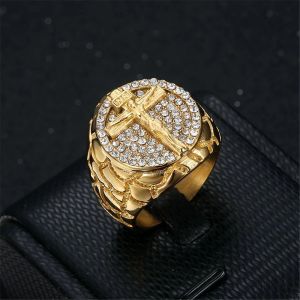 Hip Hop Iced Out Big Jesus Ring Male Golden Color 14k Jaune Gol Christian Cross Rings for Men Religious Jewelry