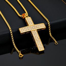 Hip Hop glacé Bling croix pendentif colliers mâle couleur dorée 14k or jaune collier chrétien pour hommes bijoux