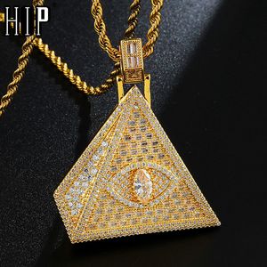 Hip Hop glacé Bling cubique Zircon CZ Triangle oeil pyramide colliers pendentifs pour hommes bijoux avec chaîne de Tennis X0509
