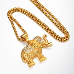 Colliers avec pendentif en forme d'éléphant glacé, style Hip Hop, mignons, chaînes en or jaune 14 carats, pour femmes et hommes, bijoux hip hop